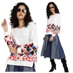 BRENDA SCHOENFELDM Large Pullover Sweatshirt Colorful Geometric Side Zip Artwear